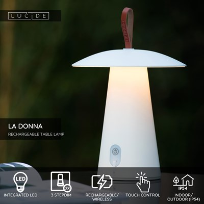 Lucide LA DONNA - Rechargeable Table lamp Indoor/Outdoor - Battery pack - Ø 19,7 cm- LED 3 StepDim - 1x2W 2700K - IP54 - White